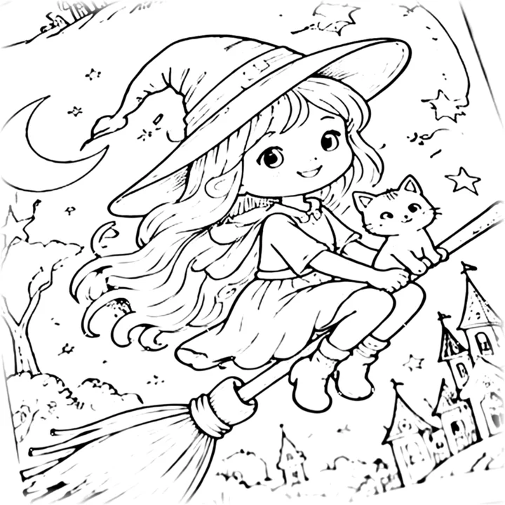Dibujo para colorear: brujita volando en escoba con su gato