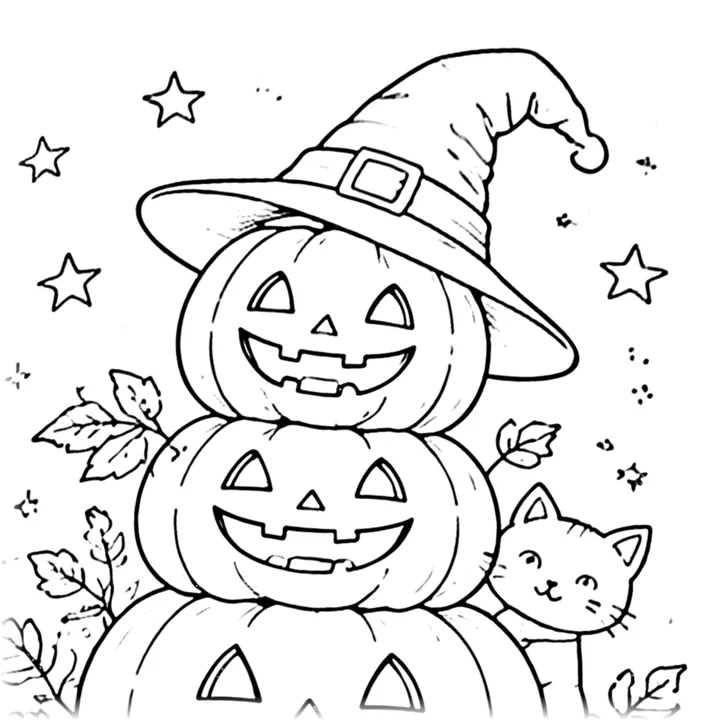 Dibujo para colorear: torre de tres calabazas con sombrero de bruja y un gatito
