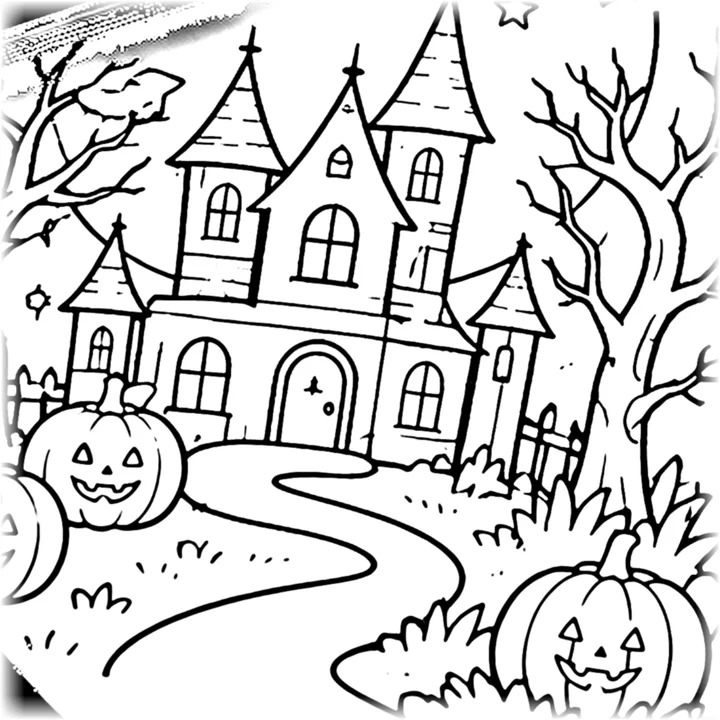 Dibujo para colorear: casona embrujada con torres, árboles sin hojas y calabazas en el camino