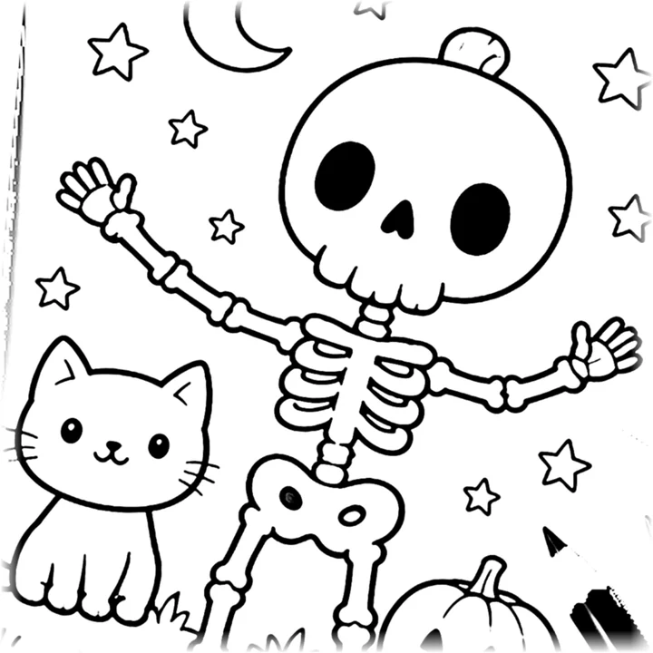 Dibujo para colorear: esqueleto que saluda junto a un gatito y una calabaza