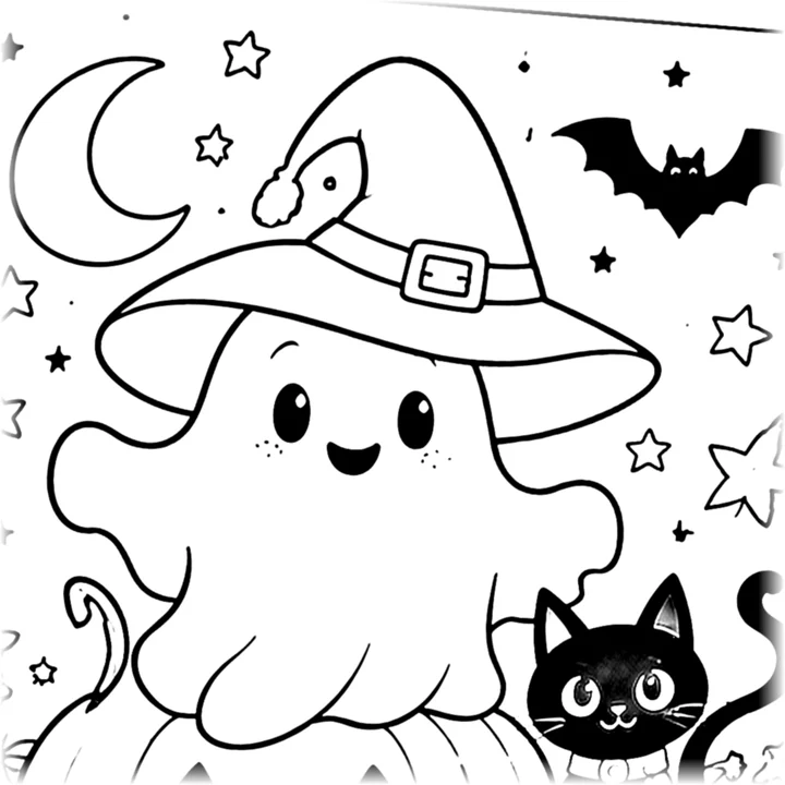 Dibujo para colorear: fantasmita con sombrero de bruja sobre una calabaza, con un gato negro