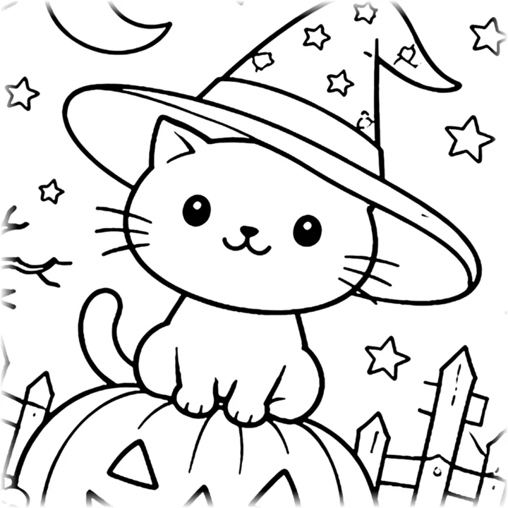 Dibujo para colorear: gatito con sombrero de bruja sentado sobre una calabaza