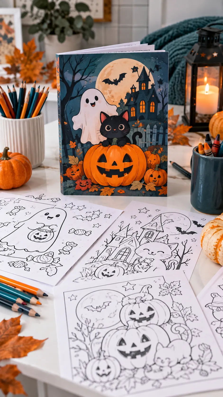 Tapa del libro de Halloween con un fantasma, un gato negro y una calabaza, parada sobre la mesa junto a hojas para colorear